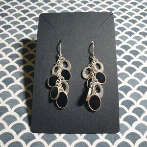 Vintage Silver Black Dangling Earrings Oval Charms Waterfall Beaded Women Retro